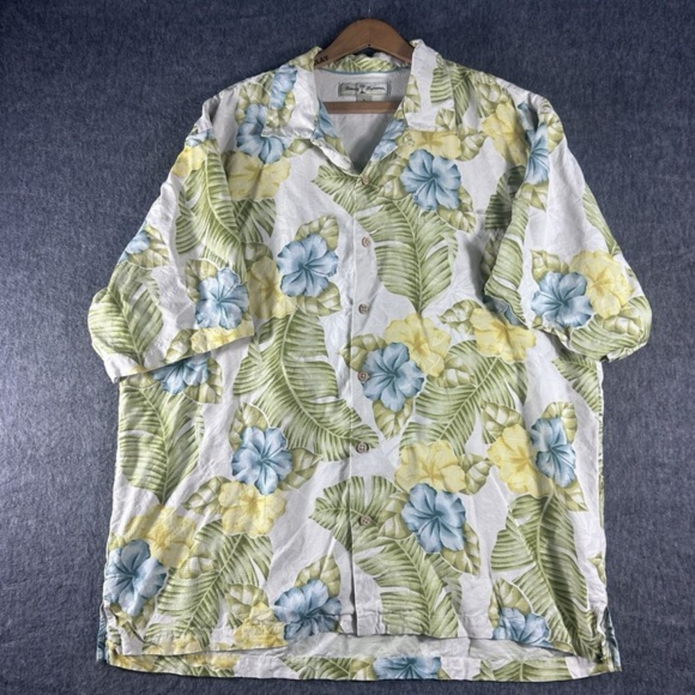 Tommy Bahama Button Down Shirt Short Sleeve Floral Yellow Blue  XL Silk Hawaiian